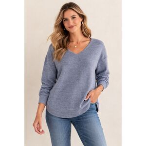 Haven Well Within Size Small V Neck Sweater Blue Knit 3/4 Sleeve Pullover